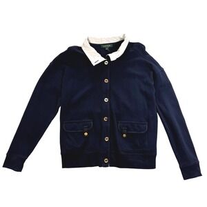 Lauren Ralph Lauren Navy Blue Cardigan Sweater White Collar Gold Buttons XL
